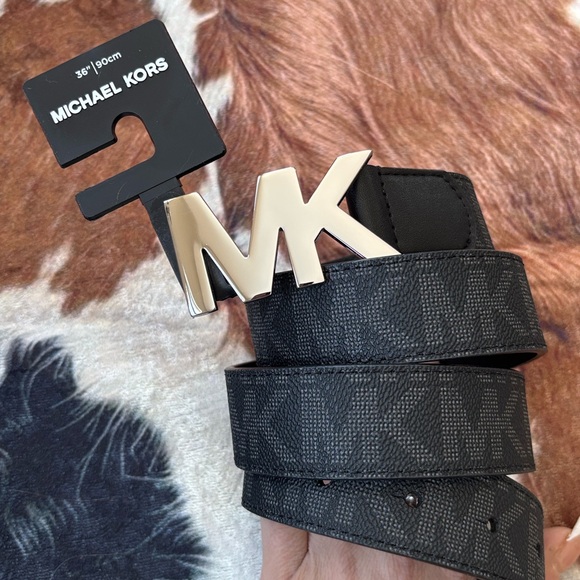 Brand New Michael Kors Black Logo Belt w/ Silver Tone Buckle 31mm Office